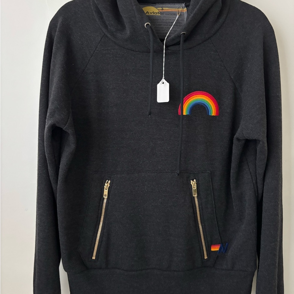 Aviator Nation Charcoal Hoodie with Rainbow Detail